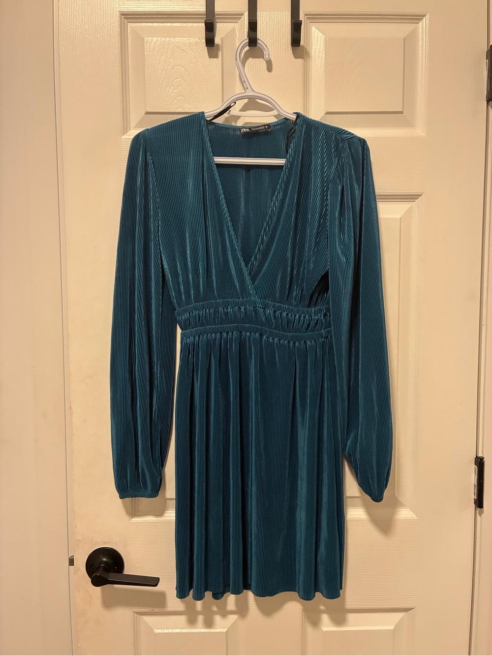 Zara Teal Long Sleeve V-Neck Pleated Dress